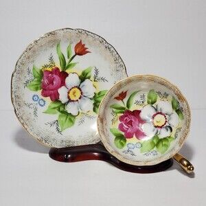 Floral Teacup and Saucer Japan Hand Painted Pink White Flowers